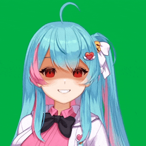 a blue haired anime girl with red eyes and a bow tie