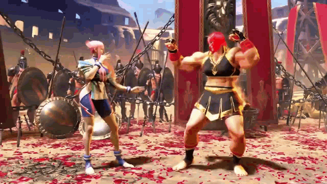 a man and a woman are standing next to each other in a boxing match in a video game .