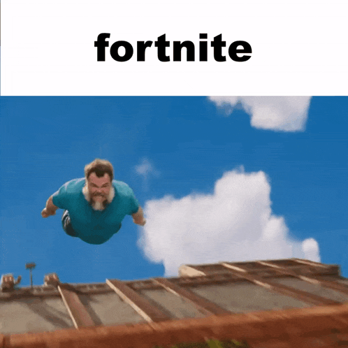 a man in a blue shirt is flying through the air with the word fortnite below him