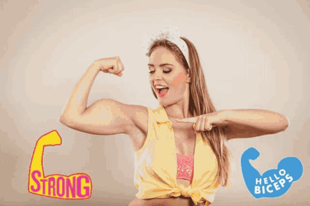 a woman is flexing her muscles with the words strong and hello bicep behind her