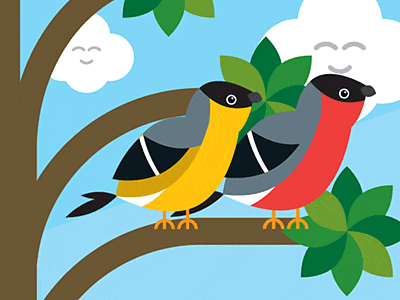 two birds are perched on a tree branch with a cloud in the background