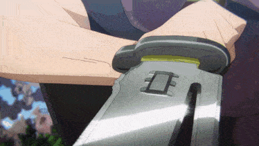 a close up of a person holding a sword with a square on it