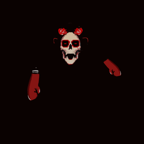 a pixel art drawing of a skull with red horns