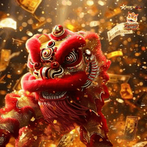 a red and gold lion is surrounded by money and a sign that says aren99