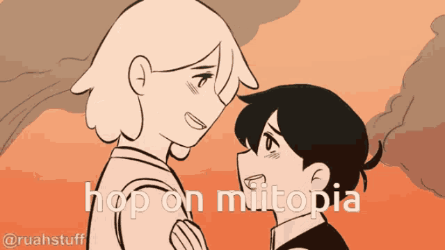 a cartoon of a boy and a girl with the words hop on miitopia on the bottom