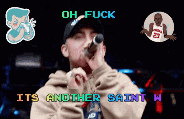 a man singing into a microphone with the words oh fuck it 's another saint h behind him