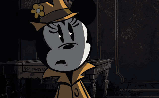 a cartoon of minnie mouse wearing a hat with a yellow flower on it