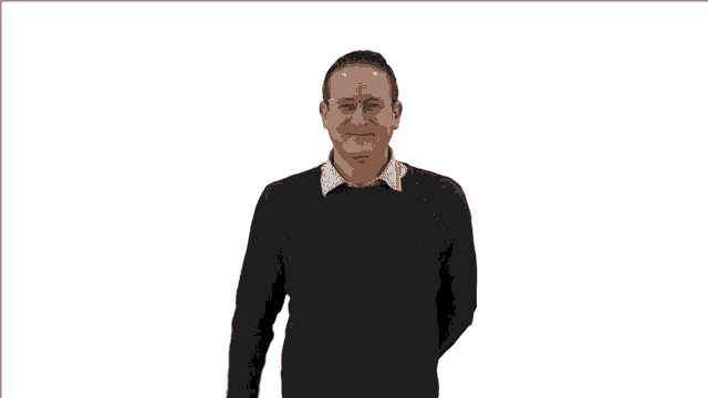 a man wearing glasses and a black sweater is giving a thumbs up