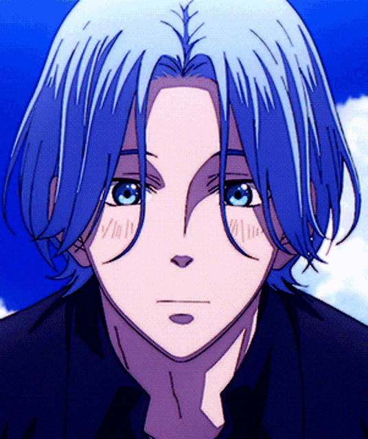 a close up of a boy with blue hair and green eyes
