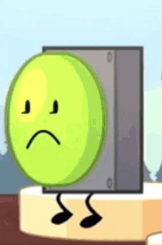 a cartoon character with a sad face is standing next to a box with a smiley face on it .