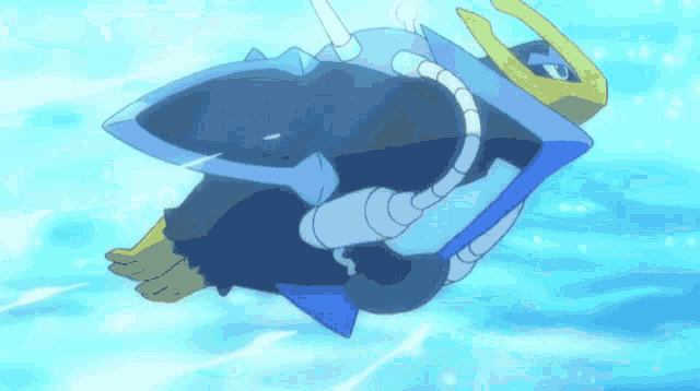a cartoon character is flying through the air in a blue background