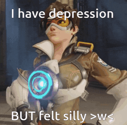 tracer from overwatch is holding a gun and says i have depression but felt silly > w <