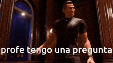 a person holding a pen with the words " profe tengo una pregunta " written below it
