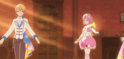 a boy and a girl are dancing in a room