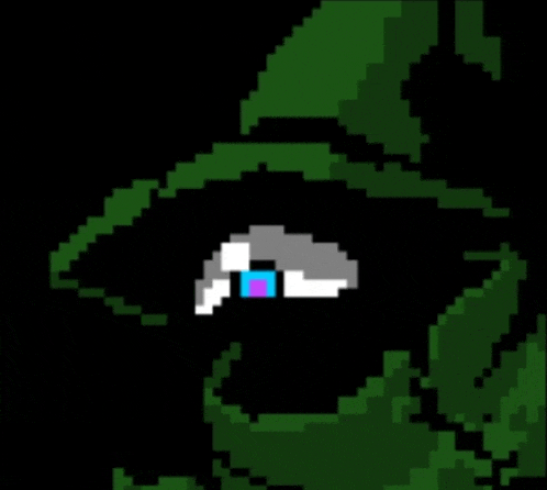 a pixel art of a person wearing a green hat with a blue eye