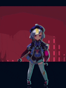 a pixel art of a girl holding a sword and a skateboard