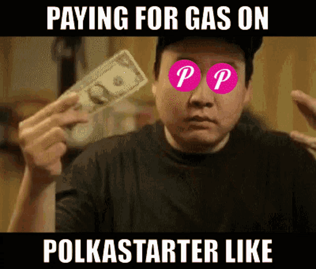 a man is holding a stack of money in his hand with polkastarter like eyes .