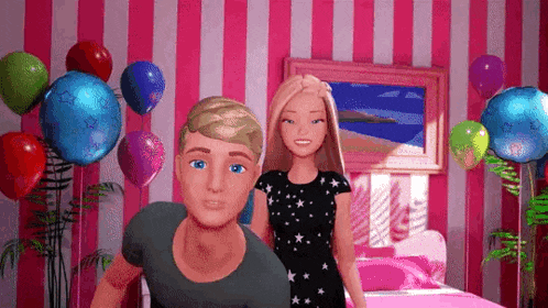 a man and a woman are standing next to each other in a pink room with balloons .