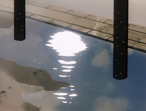 Poça de água refletindo o sol em um anime.
