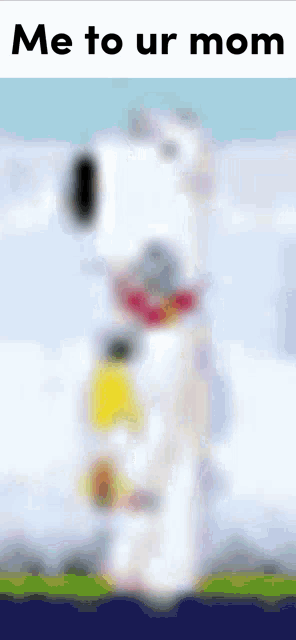 a blurry picture of snoopy with the words me to ur mom below it