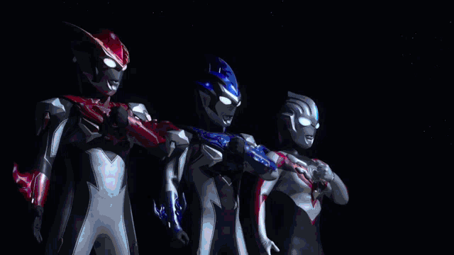 a group of superheroes are standing next to each other with red and blue lights behind them
