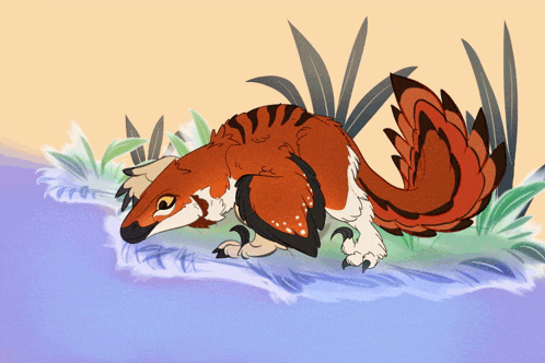 a drawing of a red and white animal with a long tail standing in the grass