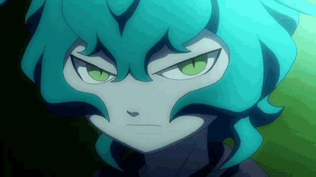 a close up of a cartoon character with a green eye