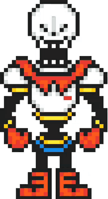 a pixel art drawing of papyrus with a skull on his head