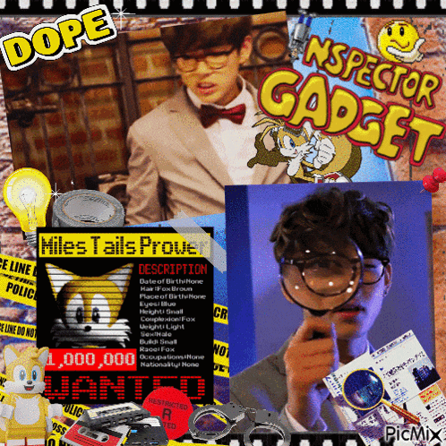a collage of images with the words dope inspector gadget and miles tails proven