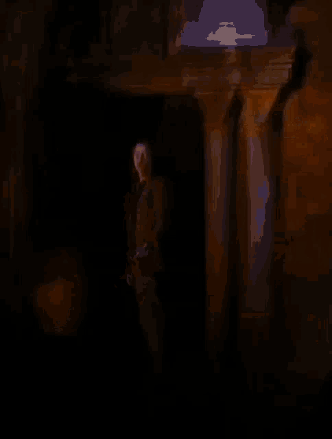 a painting of a person standing in a dark room with a brick wall in the background