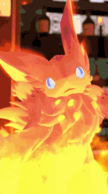 a cartoon drawing of a fox with blue eyes surrounded by flames