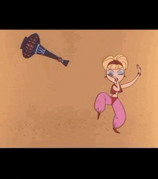 a cartoon of a woman flying through the air next to a blue vase .