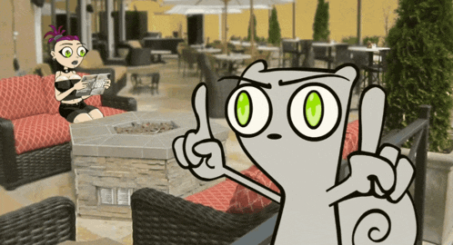 a cartoon character with green eyes is giving a thumbs up sign