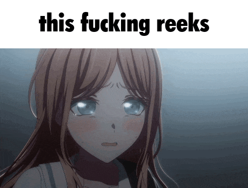 a picture of a girl with the words this fucking reeks above her