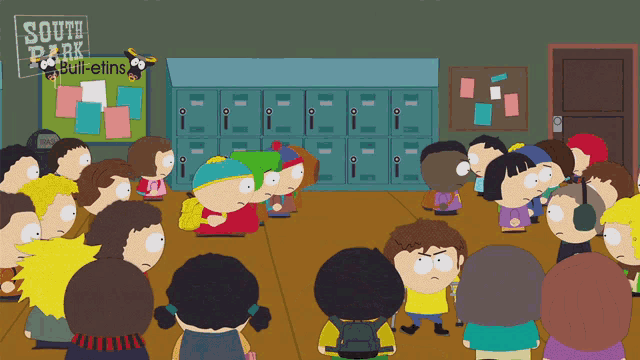 a group of south park characters gathered in front of a bulletin board