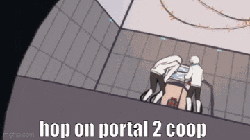 a cartoon of two people standing next to each other and the words hop on portal 2 coop