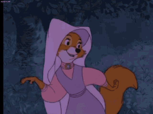 a cartoon fox wearing a purple dress and a white hood