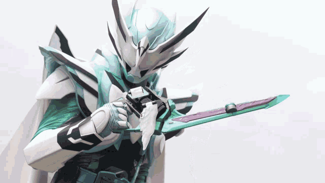 a person in a robot costume is holding a green and purple sword