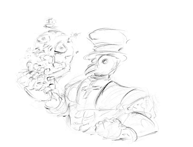 a black and white drawing of a man wearing a top hat and a plague doctor mask