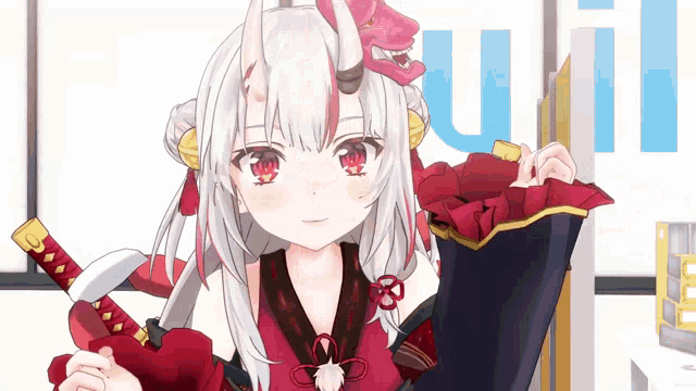 a girl with white hair and horns is holding a sword in her hand