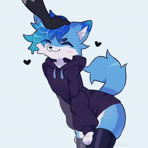 a drawing of a blue furry with a black hoodie on