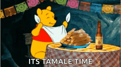 a cartoon of winnie the pooh sitting at a table with tamales and a bottle of beer ..