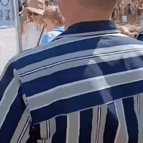 a man wearing a blue and white striped shirt stands in front of a crowd