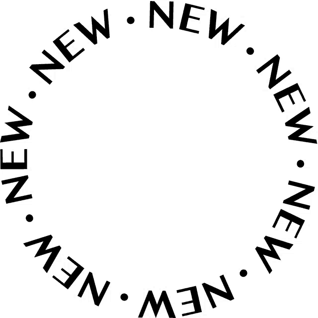 a black circle with the words " new " written around it