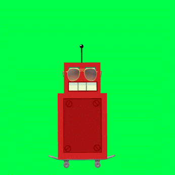 a red robot wearing sunglasses is standing on a green background