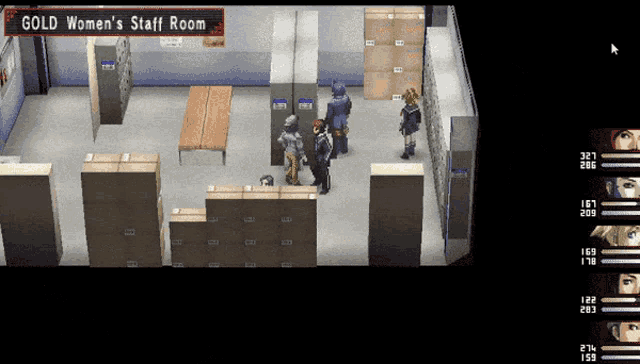 a group of people standing in a room with the words gold women 's staff room above them