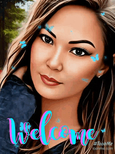a cartoon of a woman with the word welcome written on it