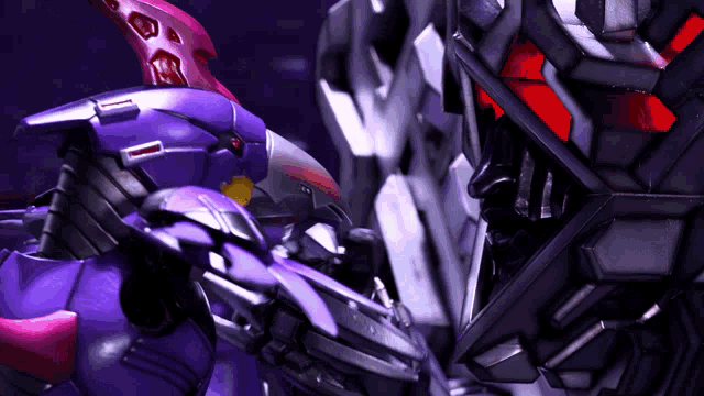 a purple robot is standing next to another robot