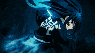 a person in a blue kimono is holding a sword