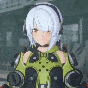 a girl with white hair is wearing headphones and a green and black outfit .